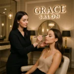 Professional makeup artist at Grace Salon applying makeup to a client in a luxurious salon setting
