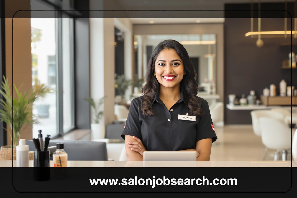Friendly salon receptionist greeting client at front desk