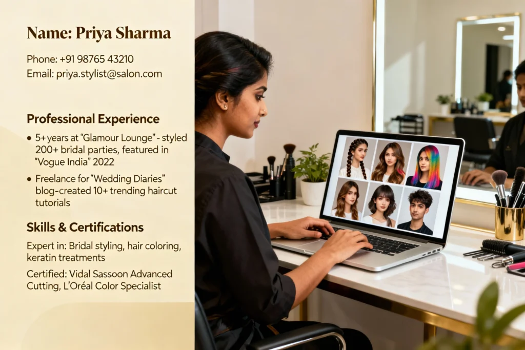 A hairstylist sits at a salon workstation, building a visually appealing resume with photos of her past work and certifications. The image represents professionalism, creativity, and career growth through Salon Job