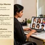 A hairstylist sits at a salon workstation, building a visually appealing resume with photos of her past work and certifications. The image represents professionalism, creativity, and career growth through Salon Job