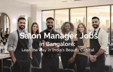 Salon manager supervising staff and handling client interactions in a modern Bangalore beauty parlour — suitable for management job listings.
