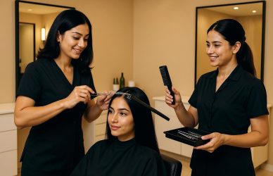 Hair extension specialist applying volume extensions to a client in a salon — ideal for hairstyling and beauty technician roles.