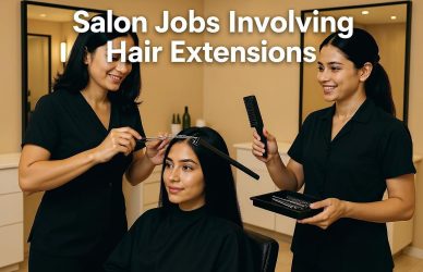 Hair extension stylist attaching keratin bond extensions to a client — professional salon job in advanced hair care and beauty services.