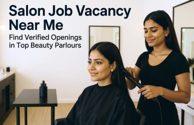 Salon professional attending to a client in a modern beauty parlour — perfect for showcasing local salon job vacancies and staff hiring.