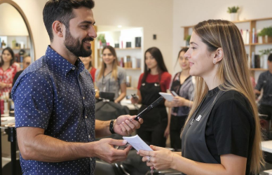Salon owner interviewing a professional hairdresser in a stylish salon setting