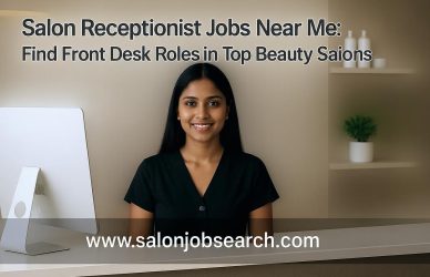 Professional salon receptionist assisting a client at the front desk — ideal for local hiring, beauty parlour recruitment, and spa jobs.