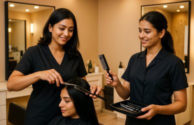 Salon assistant helping a stylist during a client appointment — perfect for job roles in salons, training positions, and beauty support staff.
