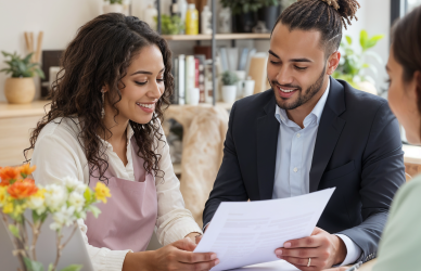 Salon owner reviewing resumes with a recruitment agency representative to hire beauticians and stylists