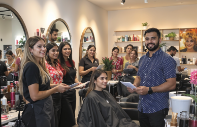 Salon staff team including hairstylists, beauticians, and a receptionist working professionally inside a modern salon