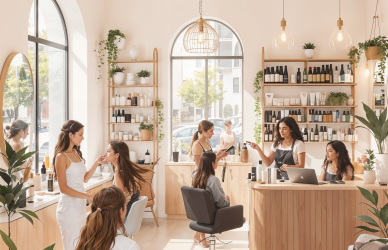 Illustration of beauty salon staff including beautician, hair stylist, makeup artist, and receptionist working with clients in a modern salon setup