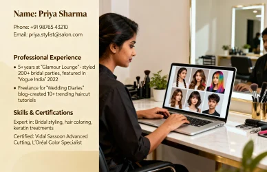 A hairstylist sits at a salon workstation, building a visually appealing resume with photos of her past work and certifications. The image represents professionalism, creativity, and career growth through Salon Job