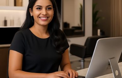 Smiling hair salon receptionist at front desk, managing appointments and greeting clients – salon job in India